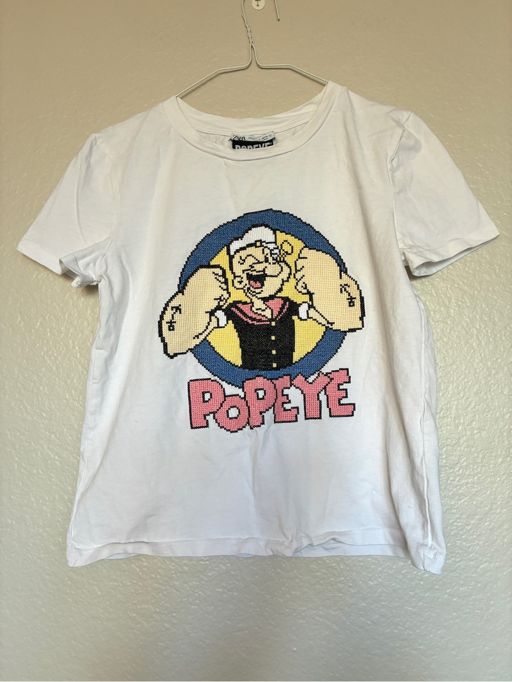 Zara White Popeye Graphic Tee with Blue & Pink Accents